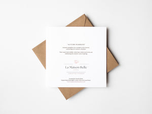 Back of Autumn Pumpkins greeting card that includes an eco-positive statement.