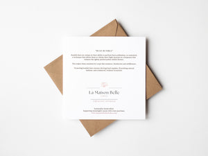 Back of eco-friendly watercolour greeting card with a vibrant bumble bee illustration in warm, natural tones.