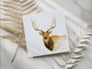 Watercolour illustration of a majestic elk with detailed antlers, showcasing its strength and grace in natural earth tones.