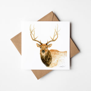 Watercolour illustration of a majestic elk with detailed antlers, showcasing its strength and grace in natural earth tones.