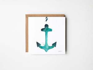 Eco-friendly watercolour print greeting card illustration of a blue anchor, symbolizing strength and stability with nautical details.
