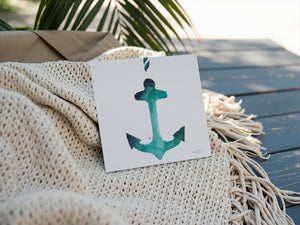 Eco-friendly watercolour print greeting card illustration of a blue anchor, symbolizing strength and stability with nautical details.