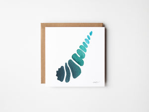 Eco-friendly watercolour print greeting card illustration of vibrant cone-shaped shell, capturing the beautiful colours of coastal beauty.