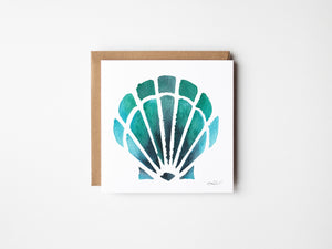 Eco-friendly watercolour print greeting card illustration of bright blue scallop outline, capturing the delicate curves and coastal beauty of the sea.