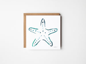 Eco-friendly watercolour print greeting card illustration of vibrant starfish, capturing the bold colours and simplicity of the sea.