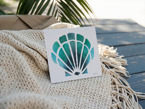 Eco-friendly watercolour print greeting card illustration of bright blue scallop outline, capturing the delicate curves and coastal beauty of the sea.