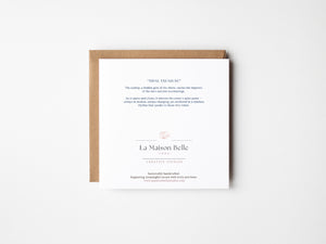 Back of eco-friendly watercolour print greeting card illustration of bright blue scallop outline, capturing the delicate curves and coastal beauty of the sea.