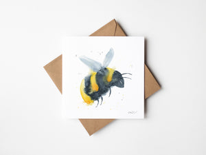 Eco-friendly watercolour greeting card with a vibrant bumble bee illustration in warm, natural tones.