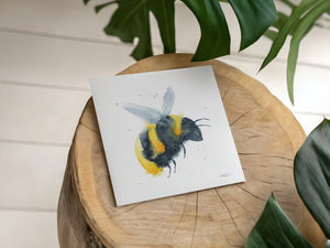 Eco-friendly watercolour greeting card with a vibrant bumble bee illustration in warm, natural tones.