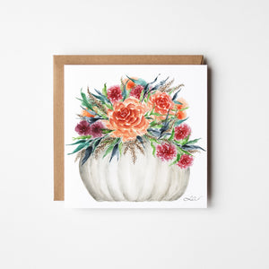 Eco-friendly autumn greeting card with watercolor bouquet in a white pumpkin, sustainable art print on recycled paper