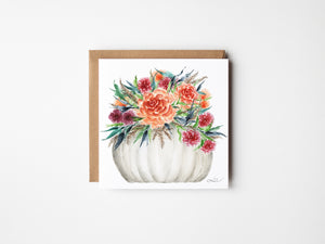 Eco-friendly autumn greeting card with watercolor bouquet in a white pumpkin, sustainable art print on recycled paper