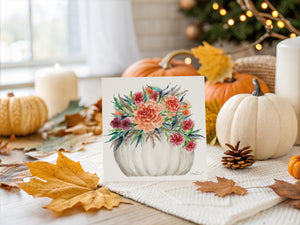 Eco-friendly autumn greeting card with watercolor bouquet in a white pumpkin, sustainable art print on recycled paper