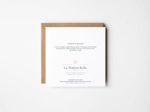 Back of eco-friendly autumn greeting card with watercolor bouquet in a white pumpkin, sustainable art print on recycled paper