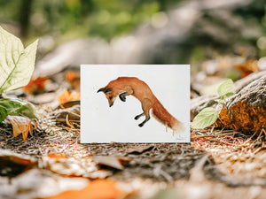 Watercolour illustration of a pouncing fox.