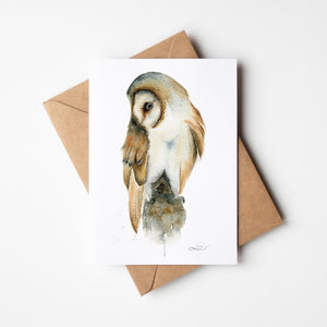 Barn Owl Greeting Card – Eco-friendly greeting card featuring a detailed watercolor illustration of a barn owl with natural tones and intricate brushstrokes.