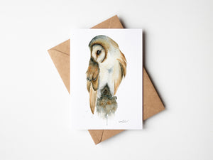 Barn Owl Greeting Card – Eco-friendly greeting card featuring a detailed watercolor illustration of a barn owl with natural tones and intricate brushstrokes.
