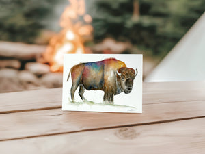 Watercolour greeting card featuring a powerful bison, symbolizing strength, endurance, and the connection to the land. The design showcases the majestic presence of the bison in colourful and earthy tones.