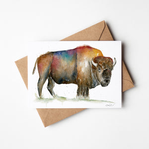 Watercolour greeting card featuring a powerful bison, symbolizing strength, endurance, and the connection to the land. The design showcases the majestic presence of the bison in colourful and earthy tones.