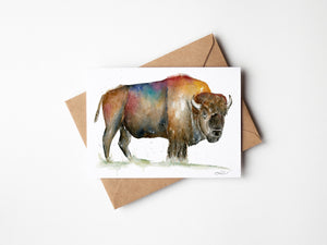 Watercolour greeting card featuring a powerful bison, symbolizing strength, endurance, and the connection to the land. The design showcases the majestic presence of the bison in colourful and earthy tones.