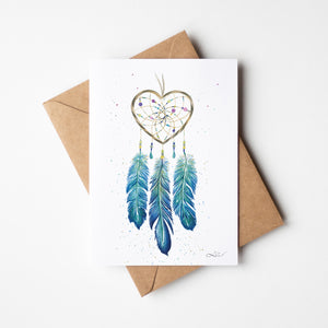 Watercolour greeting card featuring a dreamcatcher with a blue-themed design and a heart-shaped center. The card symbolizes love for nature, water, and the earth with intricate details and calming blue tones.