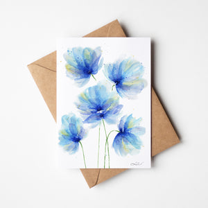 Watercolour greeting card featuring loose, bright blue florals with bold, flowing petals. The design captures the vibrant energy and dynamic beauty of blooming flowers.