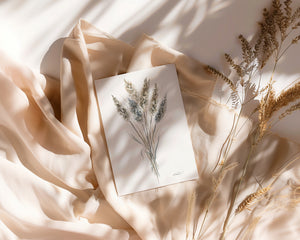 Watercolour greeting card featuring pampas grass in delicate, neutral tones with soft, feathery plumes. The design evokes a sense of calm and boho-inspired beauty, capturing the serene elegance of nature.