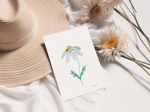 Dizzy Daisy Greeting Card – Eco-friendly greeting card featuring a delicate watercolor illustration of a single daisy with soft, organic petals.