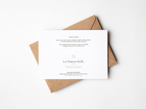 Back of watercolour greeting card featuring an old barn in the fog, surrounded by tall grass. The soft, misty atmosphere evokes a sense of peaceful solitude and rustic charm.