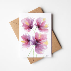 Watercolour greeting card featuring loose, bright pink florals with bold, flowing petals. The design captures the vibrant beauty and energy of blooming flowers.