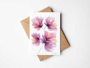 Watercolour greeting card featuring loose, bright pink florals with bold, flowing petals. The design captures the vibrant beauty and energy of blooming flowers.