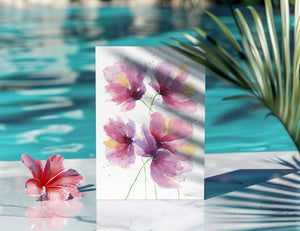 Watercolour greeting card featuring loose, bright pink florals with bold, flowing petals. The design captures the vibrant beauty and energy of blooming flowers.