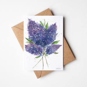 Eco-friendly lilac watercolour greeting card with soft lavender and violet floral design.