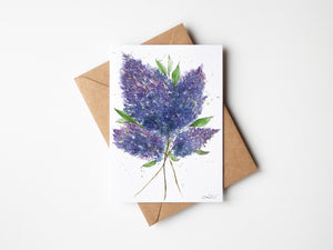 Eco-friendly lilac watercolour greeting card with soft lavender and violet floral design.