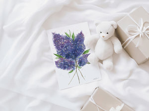 Eco-friendly lilac watercolour greeting card with soft lavender and violet floral design.