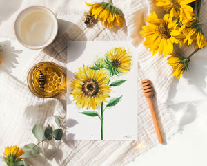 Eco-friendly watercolour print of vibrant yellow sunflowers in full bloom, capturing the warmth and energy of summer.