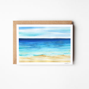 Tranquil Blue eco-friendly watercolour ocean scene with soft blue tones, capturing the peaceful harmony between sky and sea, symbolizing calm and unity.