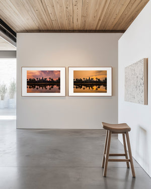 Fine art diptych of Angkor Wat at dawn and sunrise, featuring soft to golden light, mirrored reflections, and a serene, atmospheric temple silhouette.
