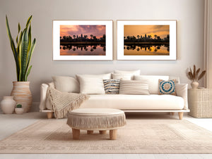 Fine art diptych of Angkor Wat at dawn and sunrise, featuring soft to golden light, mirrored reflections, and a serene, atmospheric temple silhouette.