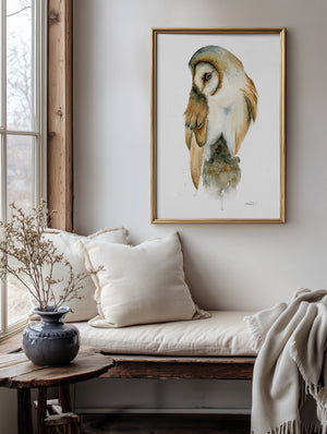 Detailed watercolour painting of a barn owl in natural tones, printed on eco-friendly canvas