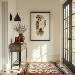 Detailed watercolour painting of a barn owl in natural tones, printed on eco-friendly canvas