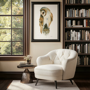 Detailed watercolour painting of a barn owl in natural tones, printed on eco-friendly canvas