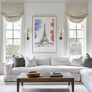 Hand-painted watercolour of the Eiffel Tower in Paris, featuring soft washes and delicate detail on recycled ocean plastic canvas, reproduced as a fine art giclée print.