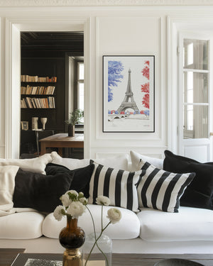 Hand-painted watercolour of the Eiffel Tower in Paris, featuring soft washes and delicate detail on recycled ocean plastic canvas, reproduced as a fine art giclée print.