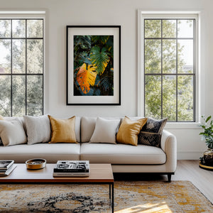 Fine art photograph of an elephant ear leaf in warm ember tones, highlighting texture, colour, form, and the serene beauty of tropical nature.