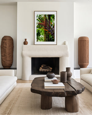 Fine art photograph of ember-toned palm fronds blending into green rainforest foliage, highlighting colour harmony, texture, and tropical natural beauty.