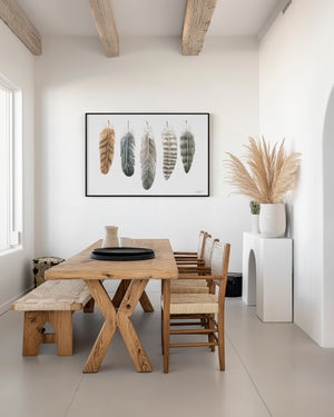 Feathers of the North watercolour artwork featuring illustrated feathers from the Great Horned Owl, Common Raven, Bald Eagle, Gyrfalcon and Northern Goshawk, printed as a fine art giclée canvas.
