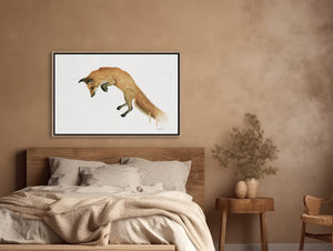 A vibrant watercolour painting of a fox mid-leap, capturing its playful energy and graceful movement. The artwork showcases delicate brushstrokes and vivid colours, highlighting the fox’s elegant form against a soft, natural background.