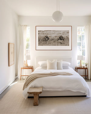 Two adult male lions lying side by side in the grass in Tanzania’s Ngorongoro Conservation Area, captured in a fine art wildlife photograph.