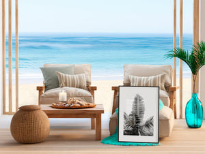 Fine art photograph of a tropical palm tree from the ground, shown in colour, black-and-white, and sepia, highlighting vertical lines, silhouette, form, and the serene beauty of nature.