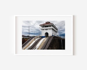 Approaching the original Gatun locks of the Panama Canal, showing the historic lock entrance in a fine art photograph.